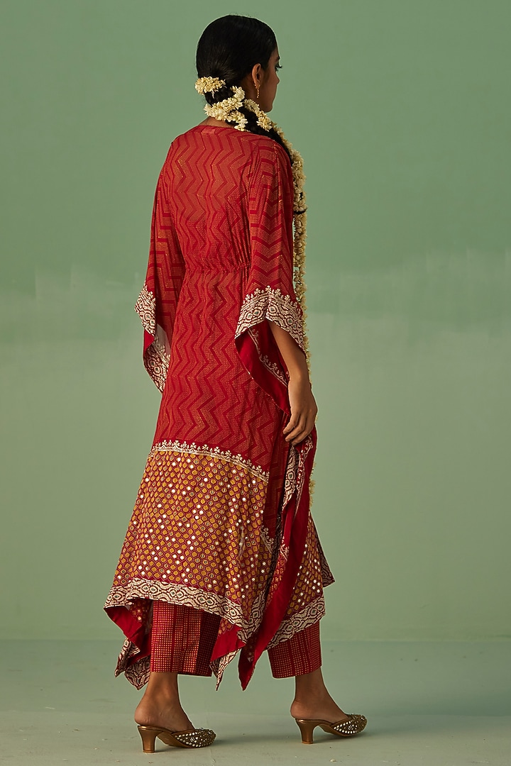 Red Bamboo Georgette Printed & Embroidered Kaftan Set by Surbhi Gupta at Pernia's Pop Up Shop