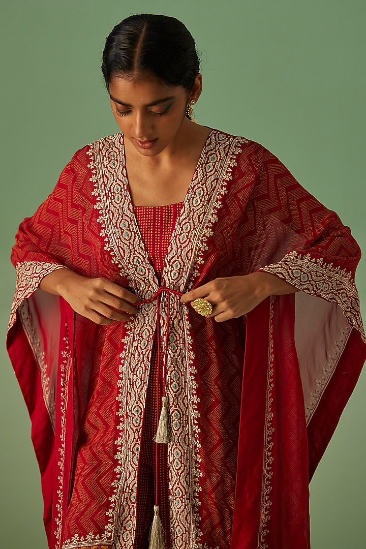 Red Bamboo Georgette Printed & Embroidered Kaftan Set by Surbhi Gupta at Pernia's Pop Up Shop