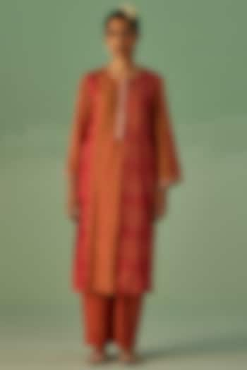 Red Bamboo Silk Printed & Embroidered Kurta Set by Surbhi Gupta at Pernia's Pop Up Shop