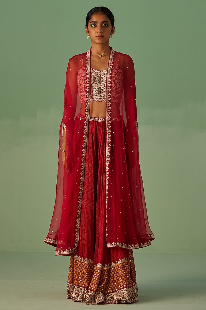 Red Bamboo Georgette Printed & Embroidered Sharara Set by Surbhi Gupta at Pernia's Pop Up Shop