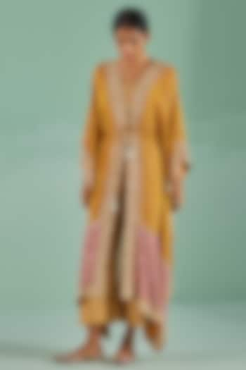 Ochre Bamboo Georgette Printed & Embroidered Kaftan Set by Surbhi Gupta at Pernia's Pop Up Shop