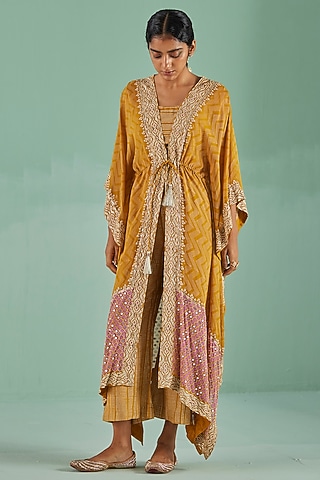 Ochre Bamboo Georgette Printed & Embroidered Kaftan Set by Surbhi Gupta