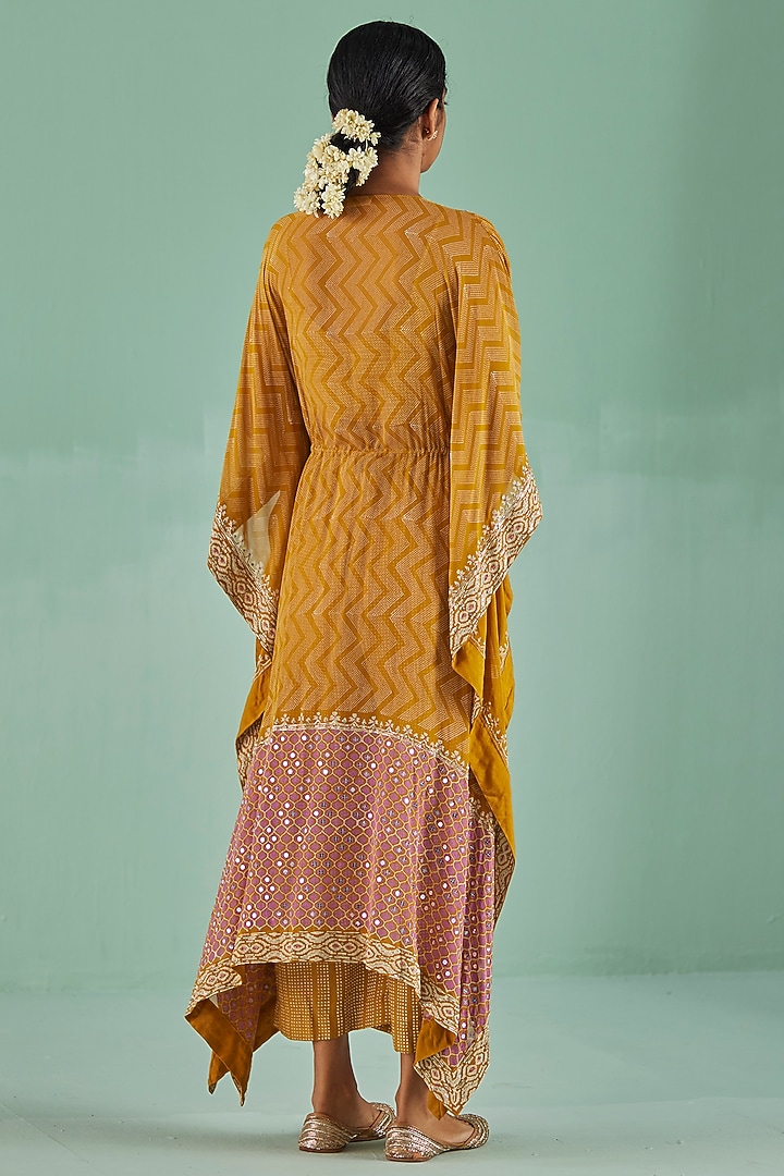 Ochre Bamboo Georgette Printed & Embroidered Kaftan Set by Surbhi Gupta at Pernia's Pop Up Shop