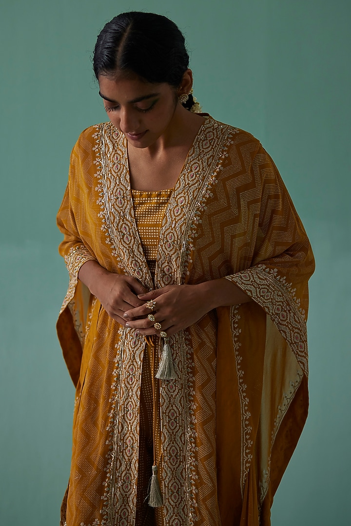 Ochre Bamboo Georgette Printed & Embroidered Kaftan Set by Surbhi Gupta at Pernia's Pop Up Shop