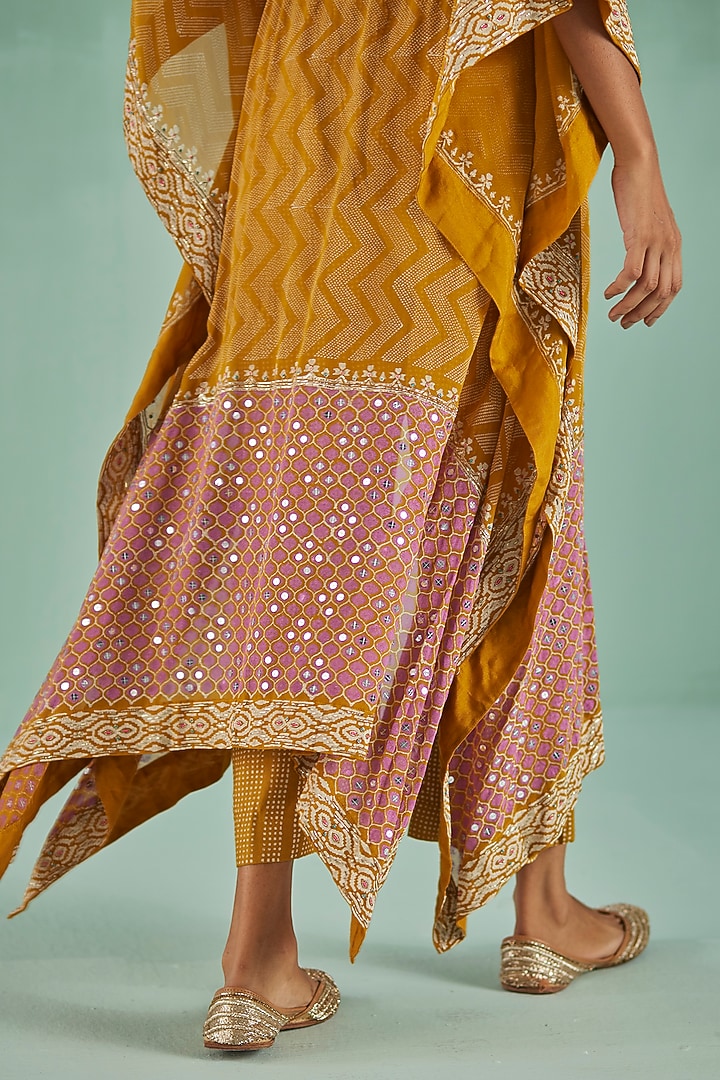 Ochre Bamboo Georgette Printed & Embroidered Kaftan Set by Surbhi Gupta at Pernia's Pop Up Shop