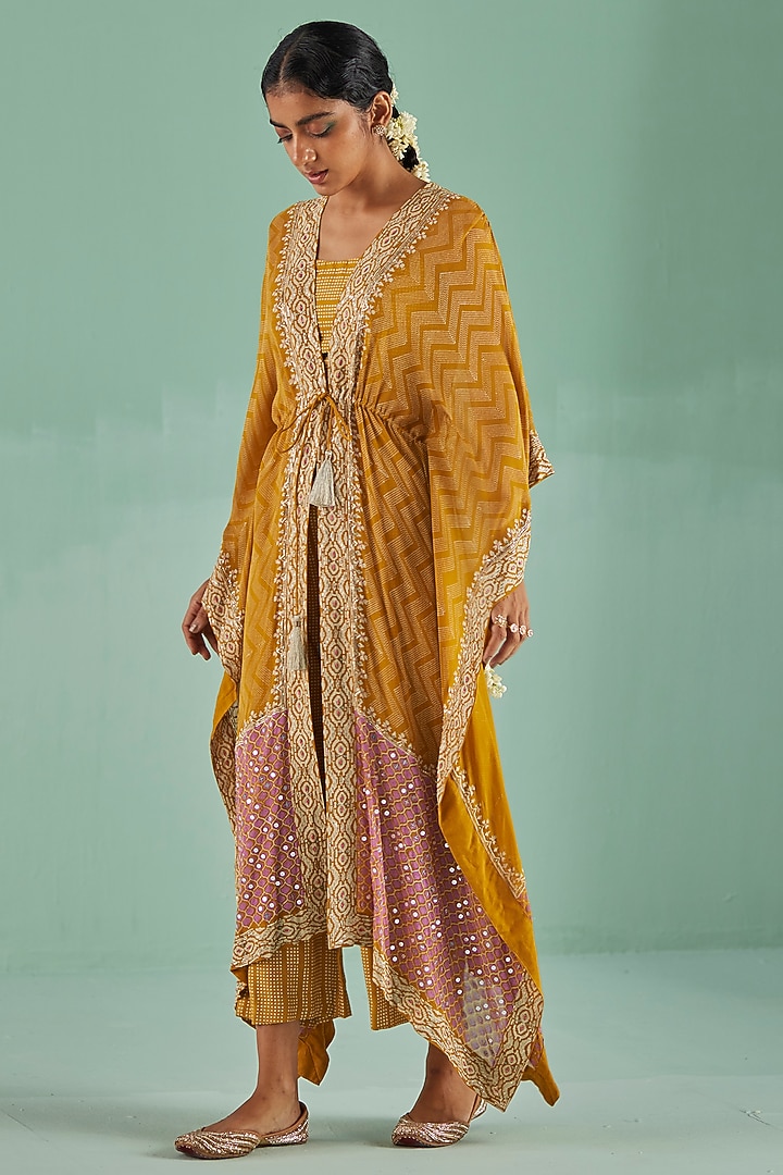 Ochre Bamboo Georgette Printed & Embroidered Kaftan Set by Surbhi Gupta at Pernia's Pop Up Shop