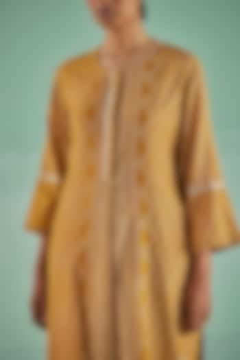 Ochre Bamboo Silk Printed & Embroidered Kurta Set by Surbhi Gupta at Pernia's Pop Up Shop