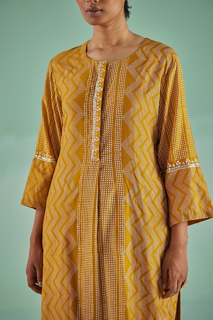 Ochre Bamboo Silk Printed & Embroidered Kurta Set by Surbhi Gupta at Pernia's Pop Up Shop