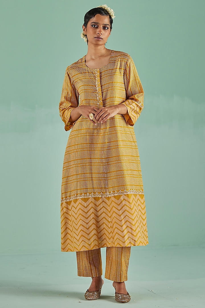 Ochre Bamboo Silk Printed & Embroidered Kurta Set by Surbhi Gupta at Pernia's Pop Up Shop