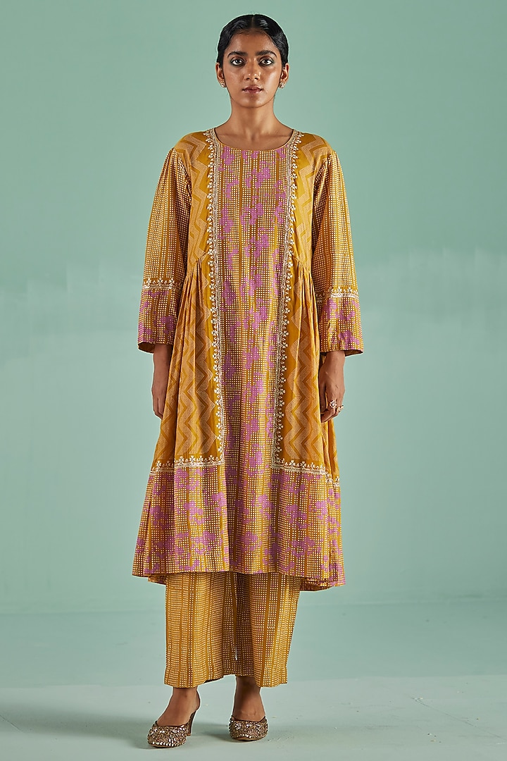 Ochre Bamboo Silk Printed & Embroidered Kurta Set by Surbhi Gupta at Pernia's Pop Up Shop