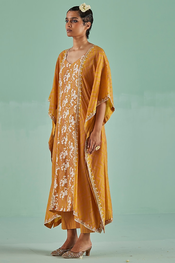 Ochre Bamboo Silk Printed & Embroidered Kaftan Set by Surbhi Gupta at Pernia's Pop Up Shop