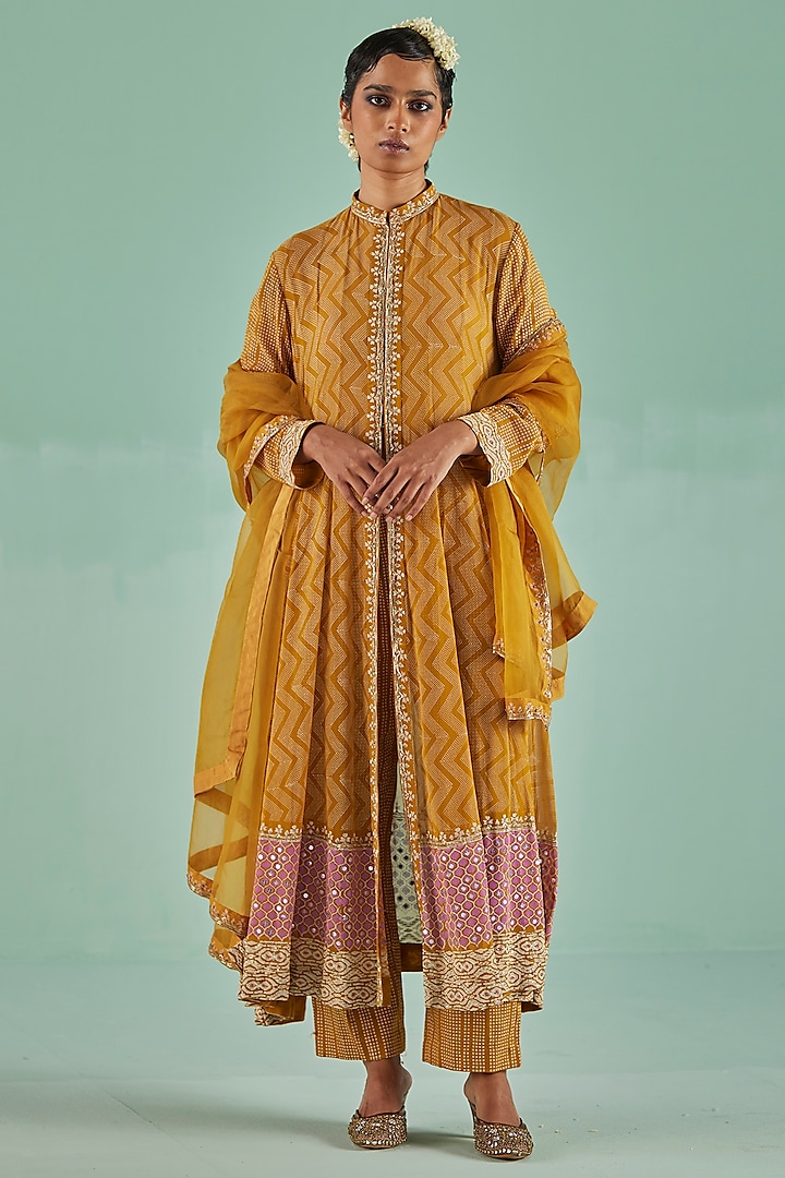 Ochre Bamboo Georgette Printed & Embroidered Anarkali Set by Surbhi Gupta at Pernia's Pop Up Shop