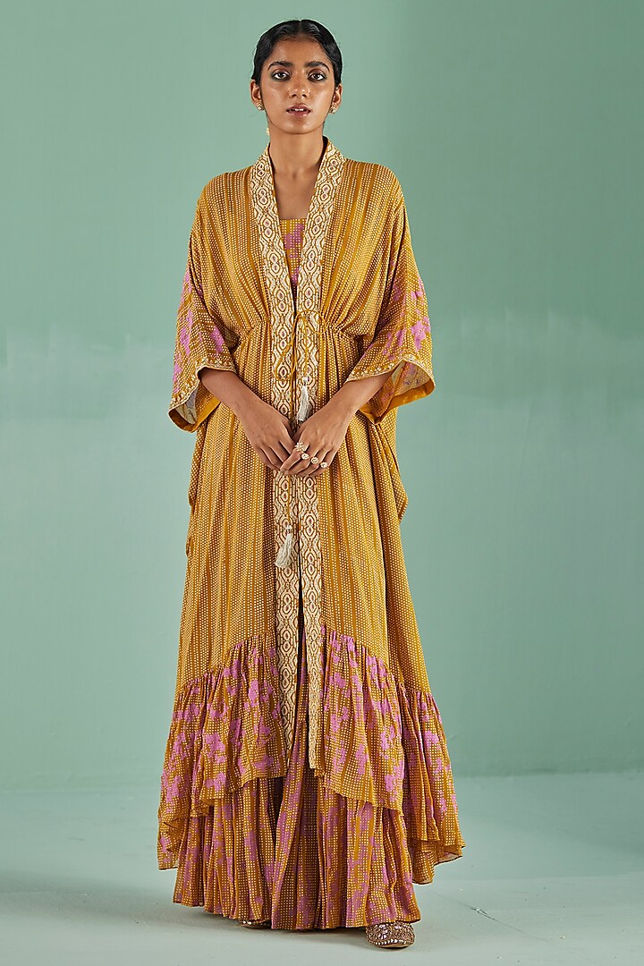 Ochre Bamboo Georgette Printed & Embroidered Sharara Set by Surbhi Gupta at Pernia's Pop Up Shop