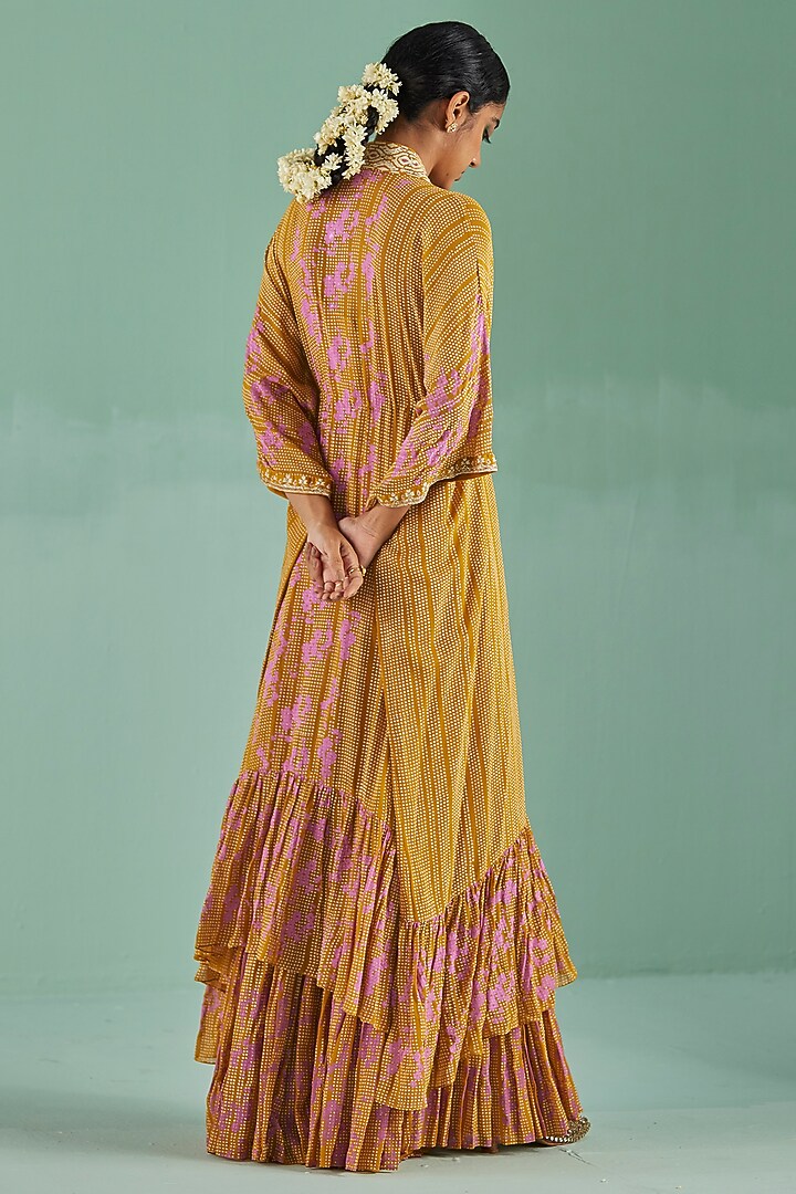 Ochre Bamboo Georgette Printed & Embroidered Wedding Sharara Set by Surbhi Gupta at Pernia's Pop Up Shop