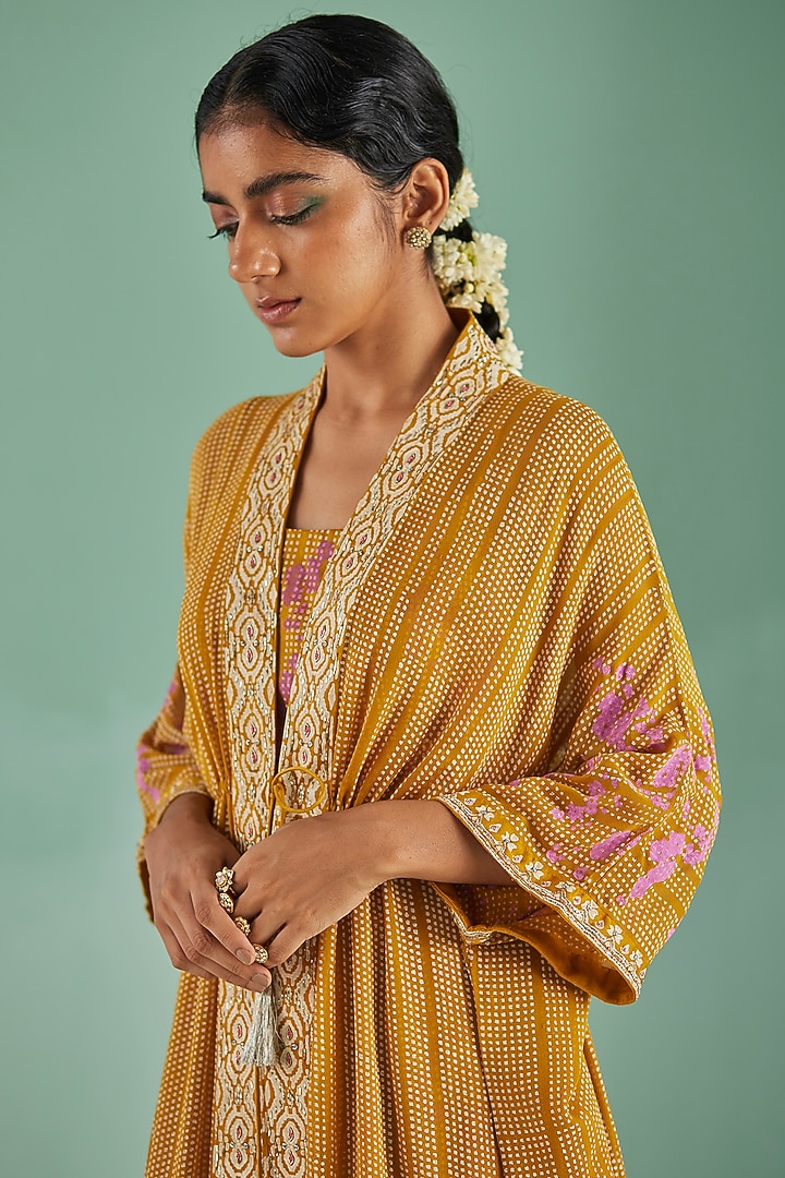 Ochre Bamboo Georgette Printed & Embroidered Wedding Sharara Set by Surbhi Gupta at Pernia's Pop Up Shop