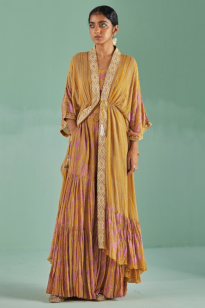 Ochre Bamboo Georgette Printed & Embroidered Wedding Sharara Set by Surbhi Gupta at Pernia's Pop Up Shop
