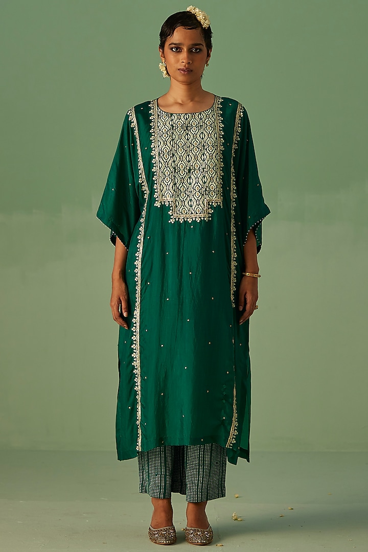 Emerald Green Bamboo Silk Printed & Embroidered Kaftan Set by Surbhi Gupta