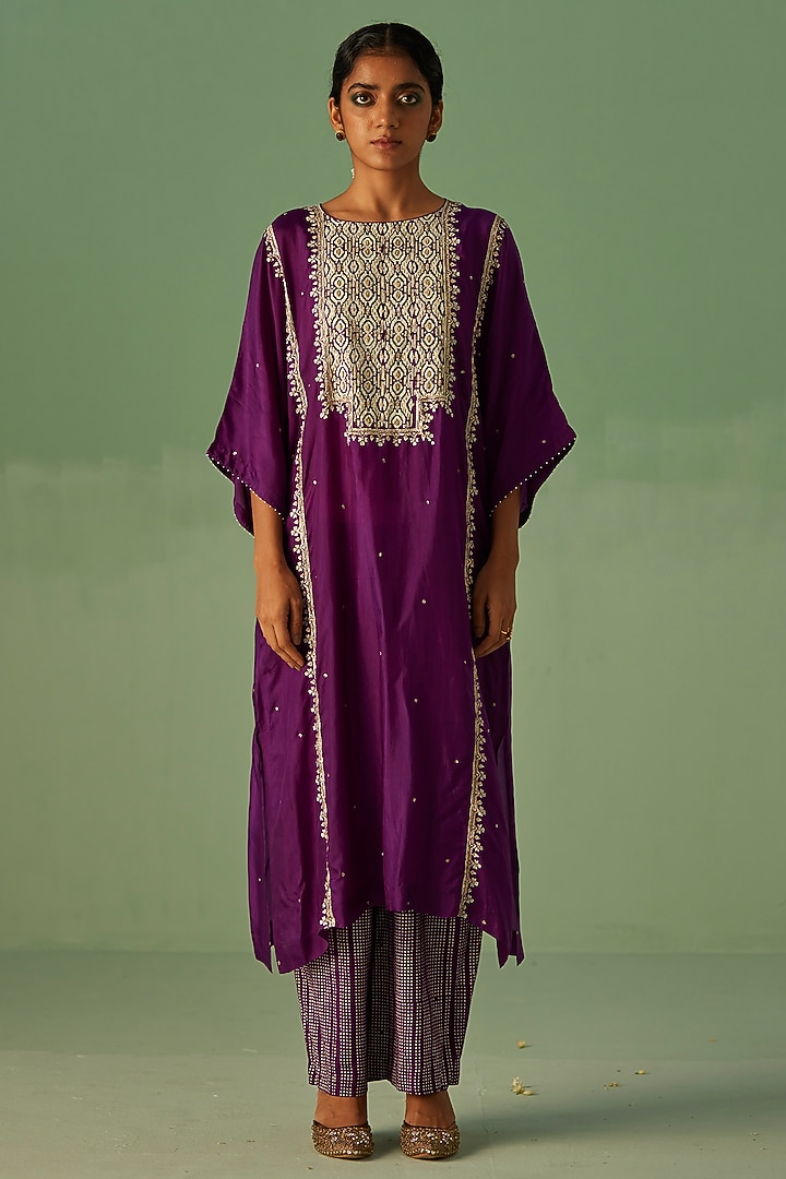 Purple Bamboo Silk Printed & Embroidered Kaftan Set by Surbhi Gupta at Pernia's Pop Up Shop