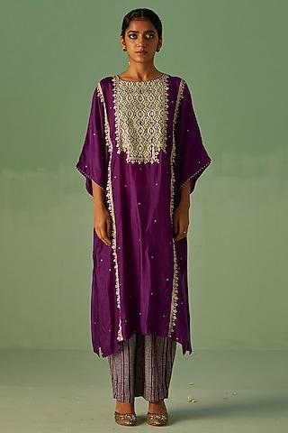 Purple Bamboo Silk Printed & Embroidered Kaftan Set by Surbhi Gupta