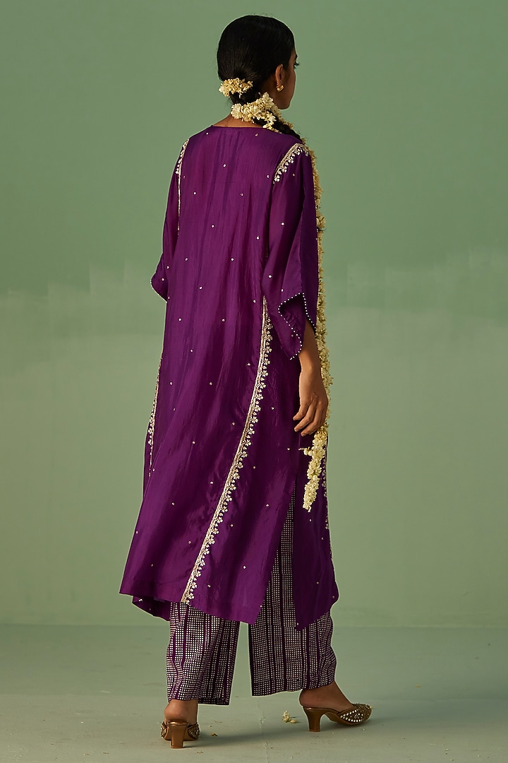 Purple Bamboo Silk Printed & Embroidered Kaftan Set by Surbhi Gupta at Pernia's Pop Up Shop