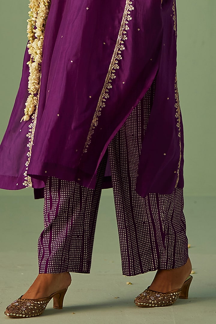 Purple Bamboo Silk Printed & Embroidered Kaftan Set by Surbhi Gupta at Pernia's Pop Up Shop