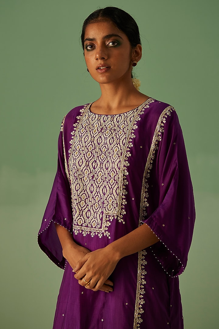 Purple Bamboo Silk Printed & Embroidered Kaftan Set by Surbhi Gupta at Pernia's Pop Up Shop