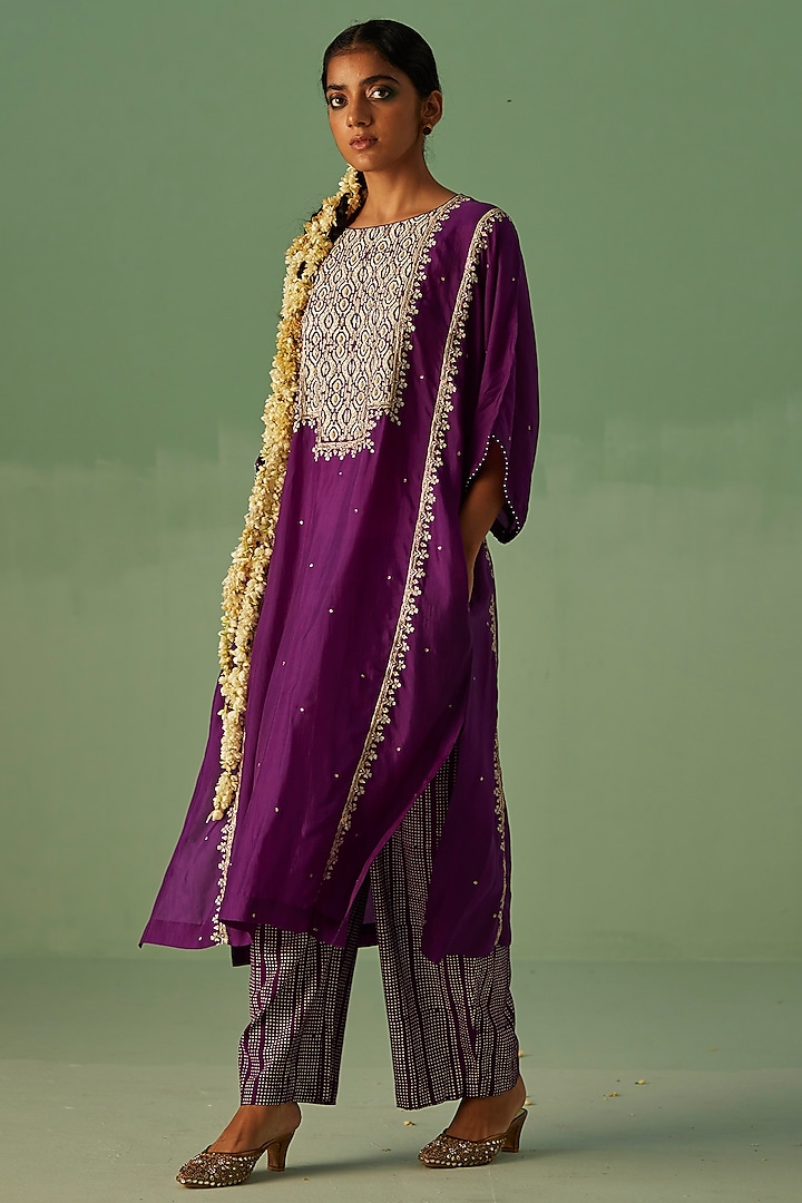 Purple Bamboo Silk Printed & Embroidered Kaftan Set by Surbhi Gupta