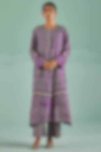 Purple Bamboo Silk Printed & Embroidered Kurta Set by Surbhi Gupta at Pernia's Pop Up Shop