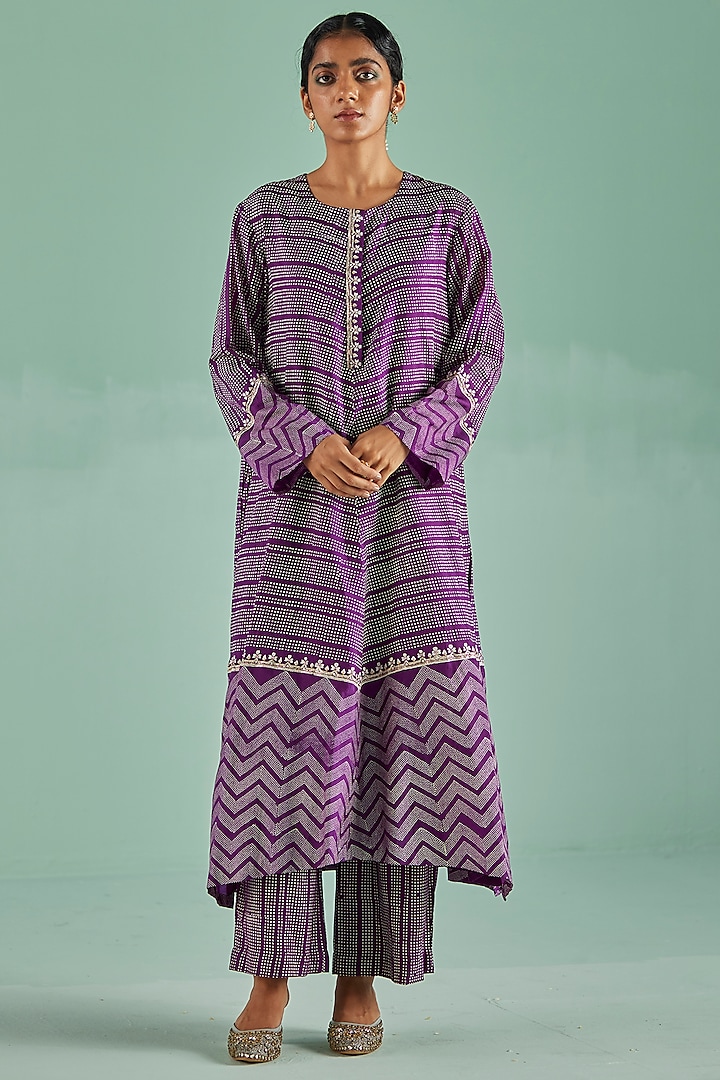 Purple Bamboo Silk Printed & Embroidered Kurta Set by Surbhi Gupta at Pernia's Pop Up Shop