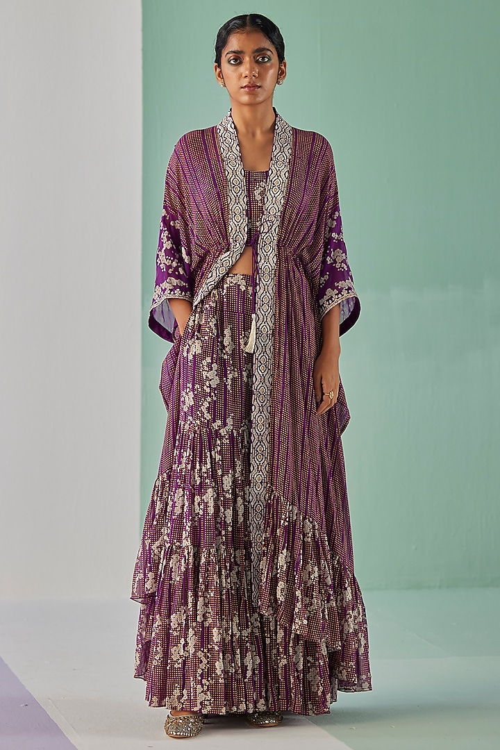 Purple Bamboo Georgette Printed & Embroidered Sharara Set by Surbhi Gupta