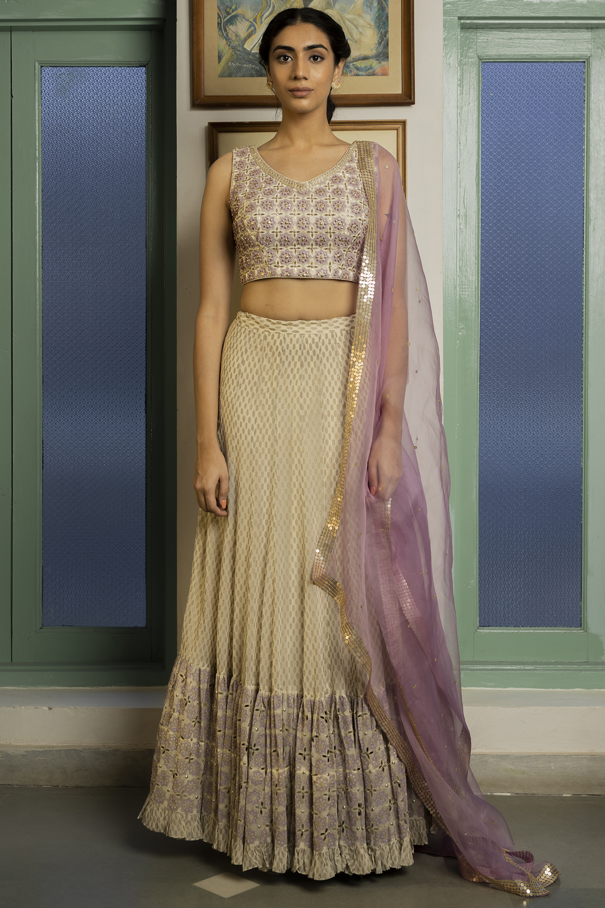Ivory Block Printed & Embroidered Wedding Lehenga Set by Surbhi Gupta at Pernia's Pop Up Shop