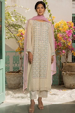 Ivory Block Printed Kurta Set by Surbhi Gupta