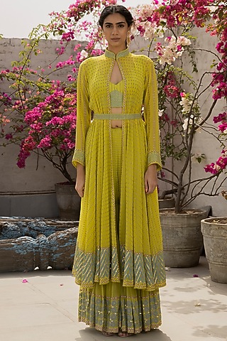 Lime Green Embroidered Sharara Set by Surbhi Gupta