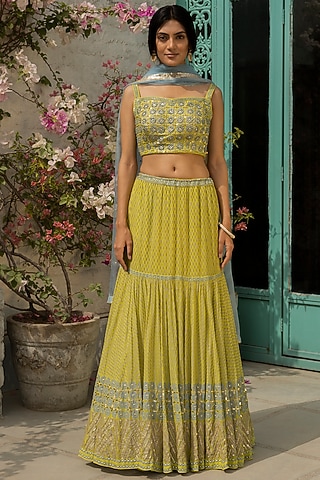 Lime Green Embroidered Lehenga Set by Surbhi Gupta