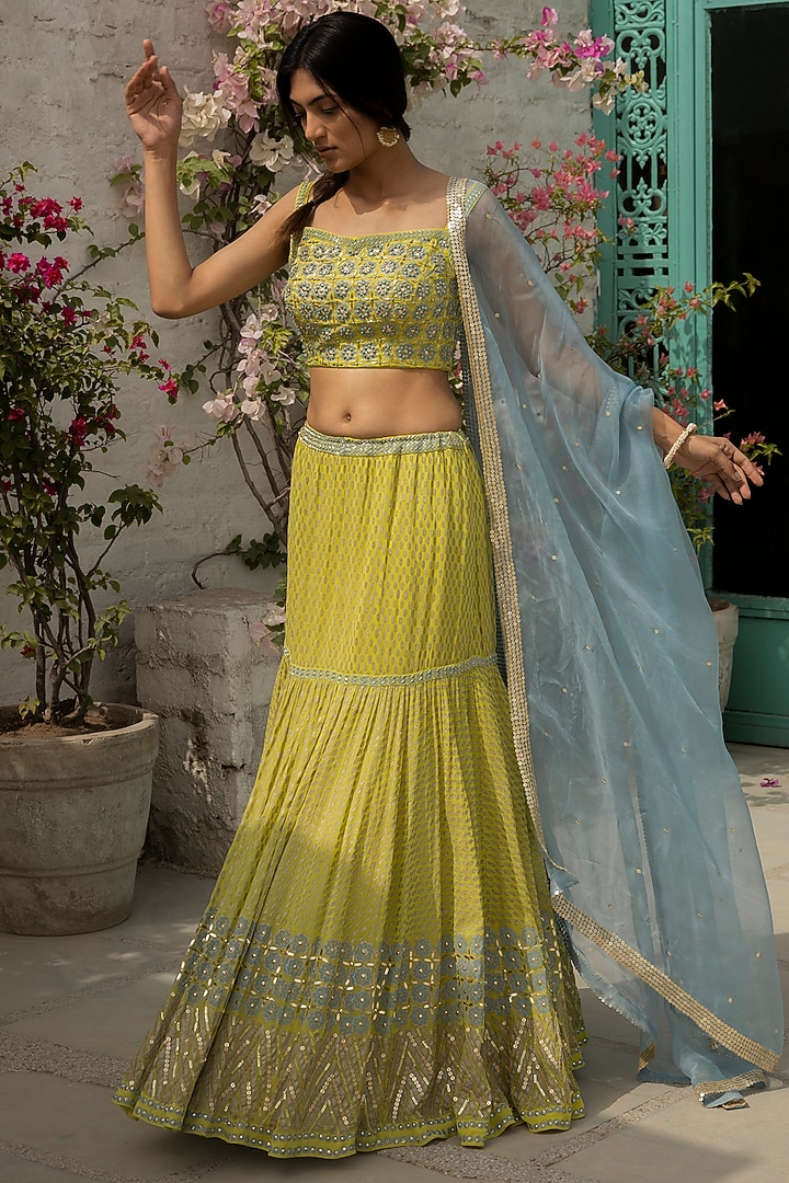Lime Green Embroidered Wedding Lehenga Set by Surbhi Gupta at Pernia's Pop Up Shop