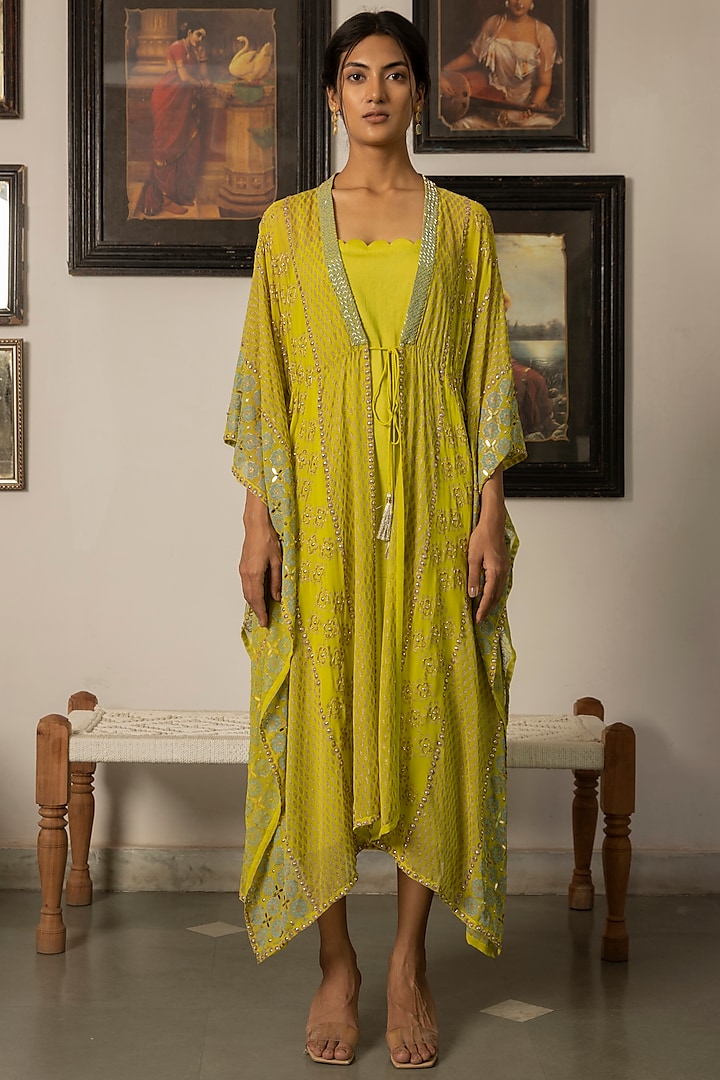 Lime Green Embellished Kaftan by Surbhi Gupta at Pernia's Pop Up Shop