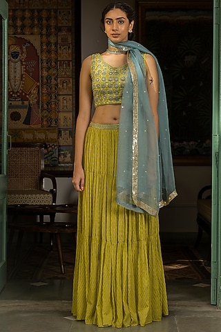 Lime Green Tiered Lehenga Set by Surbhi Gupta