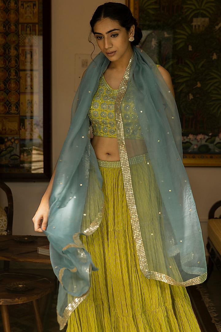 Lime Green Tiered Wedding Lehenga Set by Surbhi Gupta at Pernia's Pop Up Shop