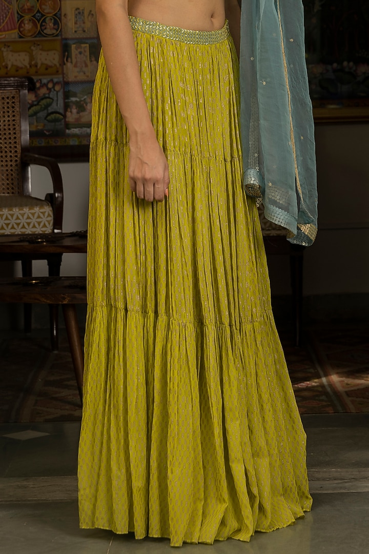 Lime Green Tiered Wedding Lehenga Set by Surbhi Gupta at Pernia's Pop Up Shop