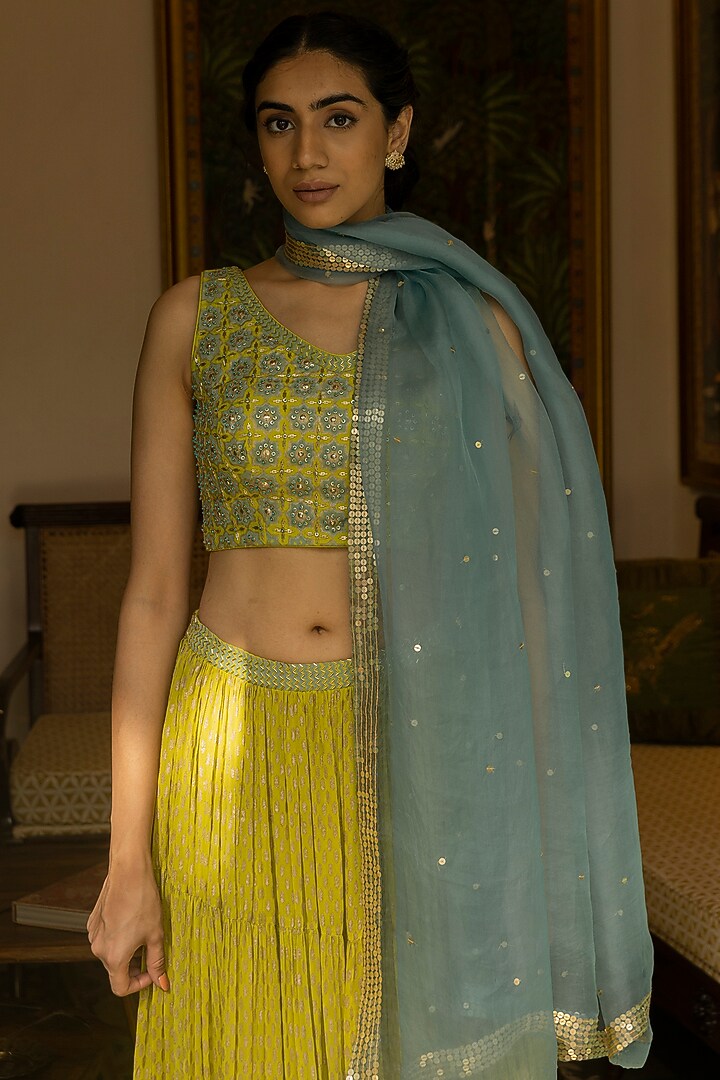 Lime Green Tiered Wedding Lehenga Set by Surbhi Gupta at Pernia's Pop Up Shop