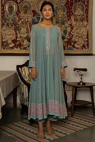Powder Blue Block Printed Anarkali Set by Surbhi Gupta