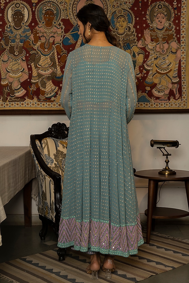 Powder Blue Block Printed Wedding Anarkali Set by Surbhi Gupta at Pernia's Pop Up Shop