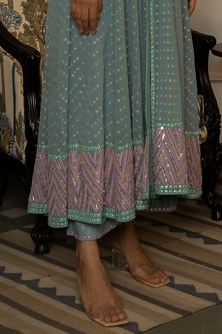 Powder Blue Block Printed Wedding Anarkali Set by Surbhi Gupta at Pernia's Pop Up Shop
