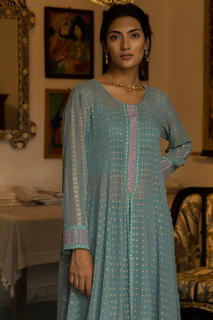 Powder Blue Block Printed Wedding Anarkali Set by Surbhi Gupta at Pernia's Pop Up Shop