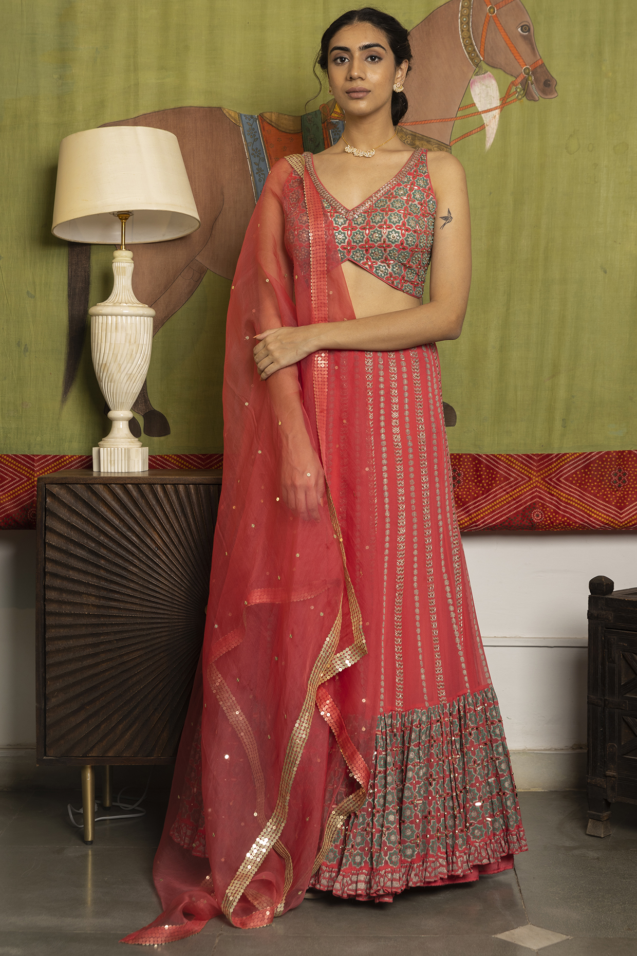 Pink Sequins Embellished Wedding Lehenga Set by Surbhi Gupta at Pernia's Pop Up Shop