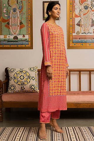 Pink Block Printed Kurta Set by Surbhi Gupta