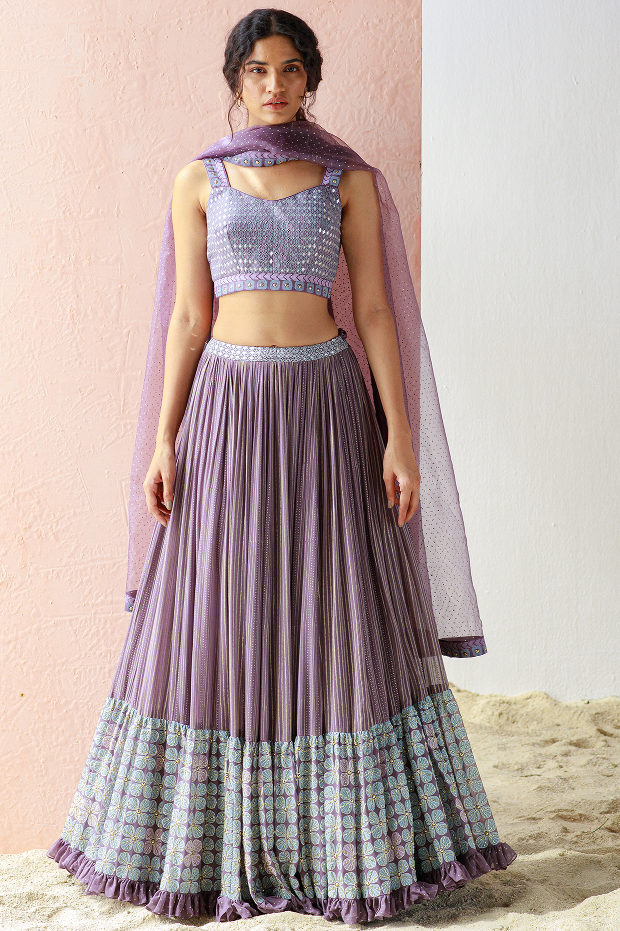 Mauve Block Printed Wedding Lehenga Set by Surbhi Gupta at Pernia's Pop Up Shop