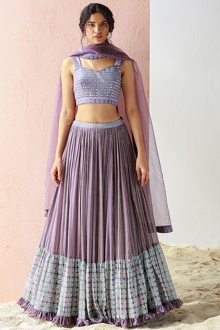 Mauve Block Printed Wedding Lehenga Set by Surbhi Gupta at Pernia's Pop Up Shop