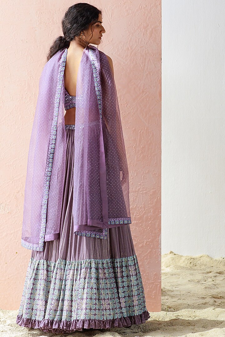 Mauve Block Printed Wedding Lehenga Set by Surbhi Gupta at Pernia's Pop Up Shop