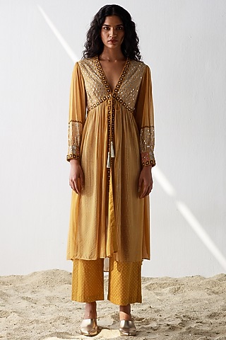 Ochre Block Printed Kurta Set by Surbhi Gupta